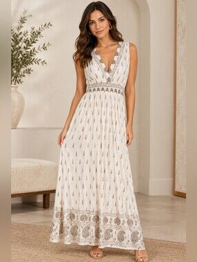 Printed Maxi Dress in White & Brown Like New
